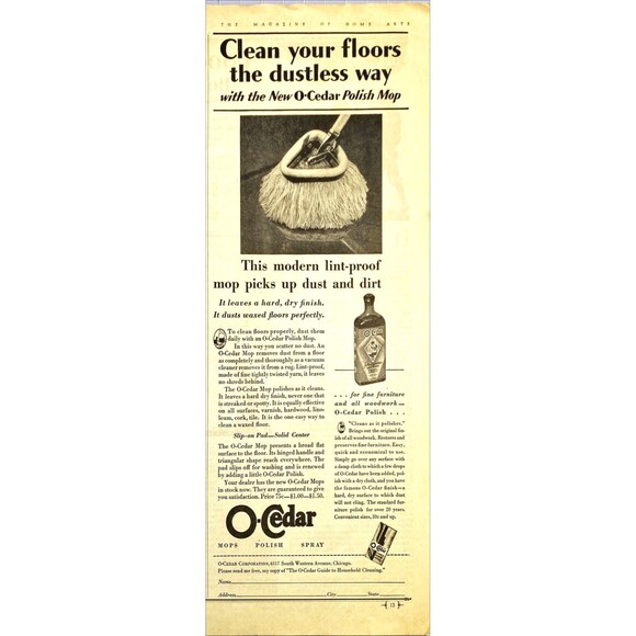 O-Cedar "Furniture and all woodwork Mops-Polish-Spray NEW Mop" Vtg Print Ad 1931 - Picture 1 of 3